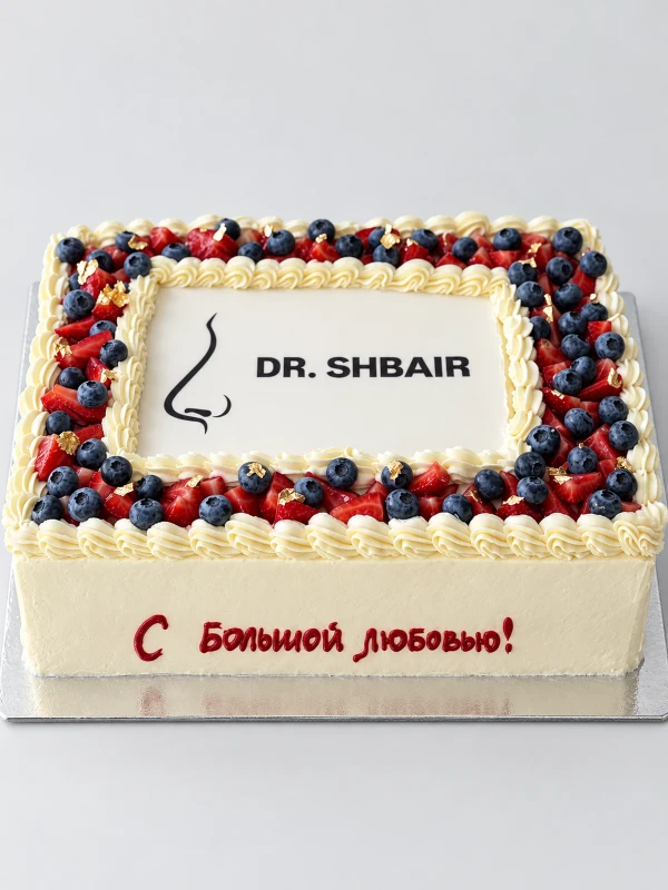 Торт "Врачу" — Торт «Врачу» — прямоугольный торт для врача с ягодной рамкой, логотипом и благодарственной надписью.